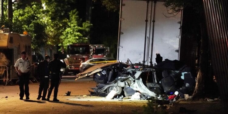 The wreck after the fleeing driver smashed into an unoccupied tractor-trailer on Drake Street near Spofford Avenue.