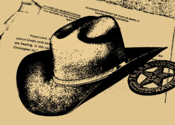 A sheriff hat and badge on a cream-colored background that includes a document from the Texas Department of Public Safety.