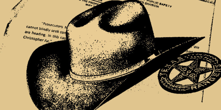 A sheriff hat and badge on a cream-colored background that includes a document from the Texas Department of Public Safety.