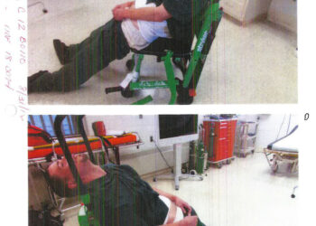 Chad Stanbro, a White man, wearing a green prison uniform, lies unconscious on a chair, visible in the top photo from his left side, and in the bottom photo from his right side.