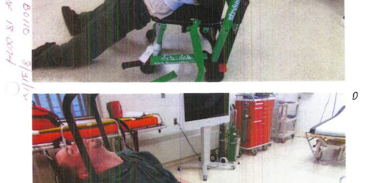 Chad Stanbro, a White man, wearing a green prison uniform, lies unconscious on a chair, visible in the top photo from his left side, and in the bottom photo from his right side.