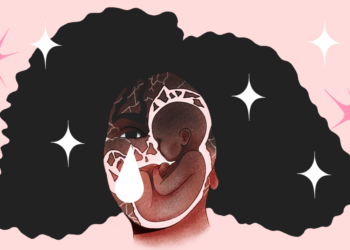 An illustration shows a baby in fetal position within a broken face of a Black woman, surrounded by shattered pieces. A white teardrop is shown under an eye of the broken face. In the background, pink and white sparkles are positioned throughout the illustration.