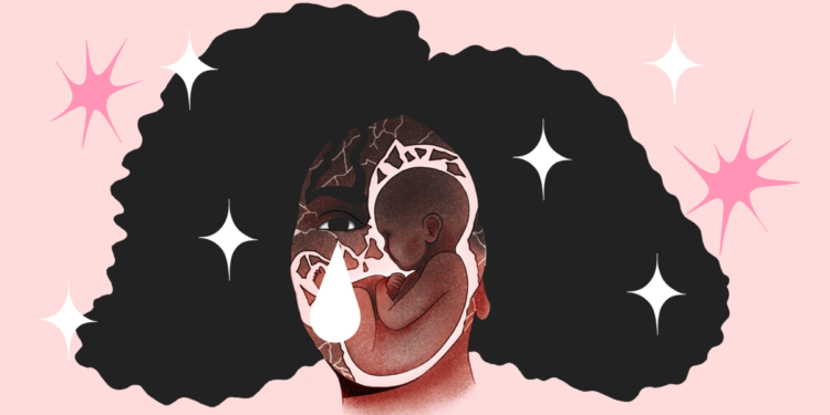 An illustration shows a baby in fetal position within a broken face of a Black woman, surrounded by shattered pieces. A white teardrop is shown under an eye of the broken face. In the background, pink and white sparkles are positioned throughout the illustration.
