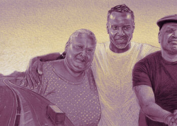 An illustration shows a Black man in a white T-shirt with his arms around an older Black woman in a polka-dotted shirt and an older Black man in a newsboy cap and black T-shirt. The left side of the illustration shows a freeway, with trees at the edge of the road.