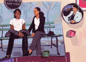 An illustration shows a picture on a refrigerator door of two Black people dressed up like Michael Jackson, wearing white shirts and black pants. The two of them are sitting on a bench. Other images and magnets of New York and Michael Jackson surround the picture.