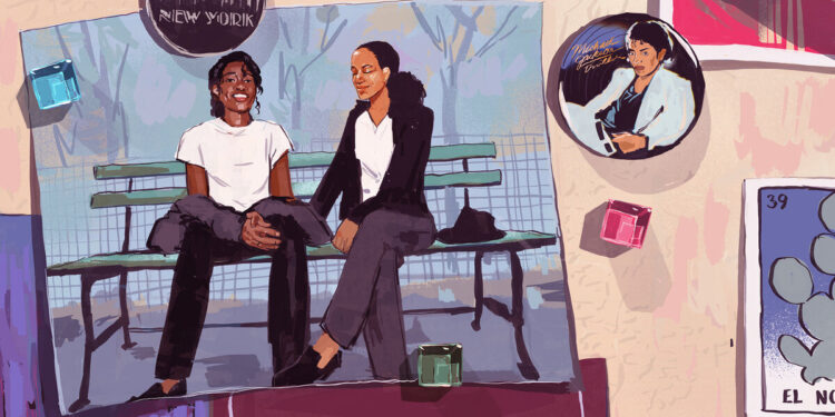 An illustration shows a picture on a refrigerator door of two Black people dressed up like Michael Jackson, wearing white shirts and black pants. The two of them are sitting on a bench. Other images and magnets of New York and Michael Jackson surround the picture.