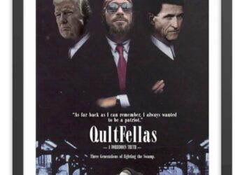 Mock movie poster featuring "QAnon Shaman" Jacob Chansley, flanked by former President Donald Trump and former national security advisor Michael Flynn