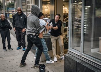 Security guards and man, allegedly a shoplifter,  with merchandise wrestling outside Nordstrom Rack department store on 6th ave.