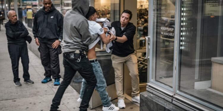 Security guards and man, allegedly a shoplifter,  with merchandise wrestling outside Nordstrom Rack department store on 6th ave.