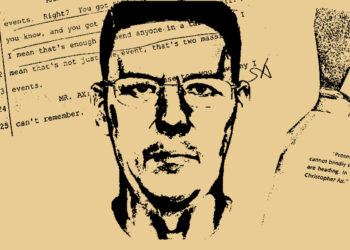 A police sketch of a face on a cream background layered on top of court documents