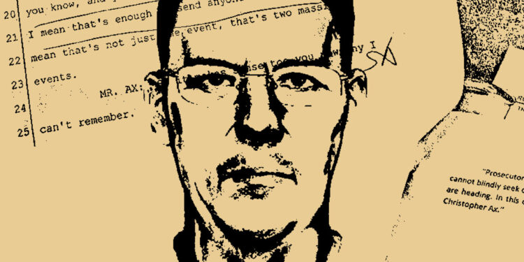 A police sketch of a face on a cream background layered on top of court documents