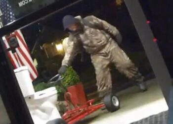 A man wearing full camo was caught on camera stealing the toilet outside Stollwerck Plumbing & Sewer.