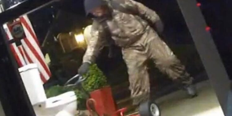A man wearing full camo was caught on camera stealing the toilet outside Stollwerck Plumbing & Sewer.