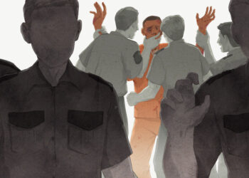 An illustration shows three correctional officers in the foreground, in shades of dark gray.  In the background, there are three correctional officers in light gray.  Two of the officers are holding up the arms of an incarcerated person in an orange uniform, while one officer covers the incarcerated person's mouth.