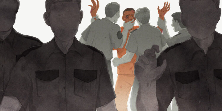 An illustration shows three correctional officers in the foreground, in shades of dark gray.  In the background, there are three correctional officers in light gray.  Two of the officers are holding up the arms of an incarcerated person in an orange uniform, while one officer covers the incarcerated person's mouth.