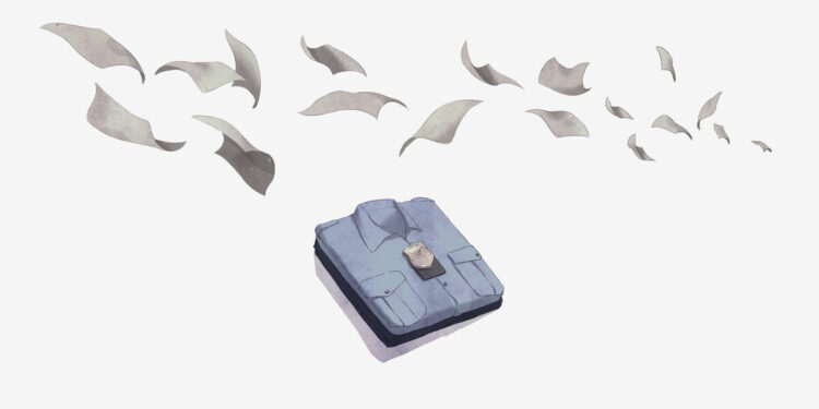 An illustration shows a correctional officer's light blue shirt and dark blue pants neatly folded in a pile. Loose sheets of paper fly above the shirt.