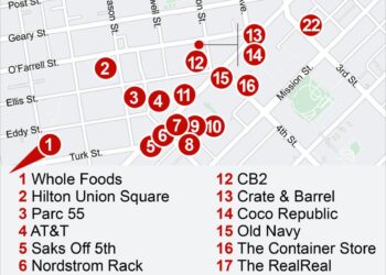 Map showing 22 businesses that have closed in the downtown San Francisco area