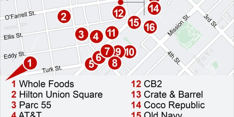 Map showing 22 businesses that have closed in the downtown San Francisco area