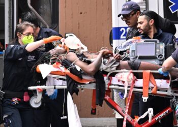 A man getting brought to  Methodist Hospital Trauma Center after getting stabbed near the Barclays Center in Brooklyn on June 6, 2023.