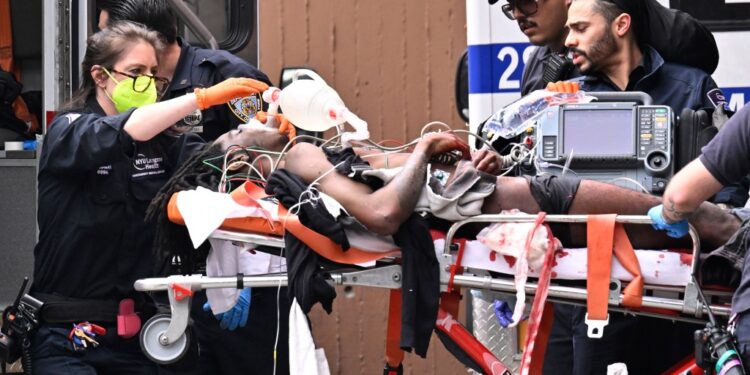 A man getting brought to  Methodist Hospital Trauma Center after getting stabbed near the Barclays Center in Brooklyn on June 6, 2023.
