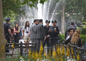 NYPD at the scene of where a 35-year-old man was stabbed in broad daylight at Washington Square Park on June 21, 2023.