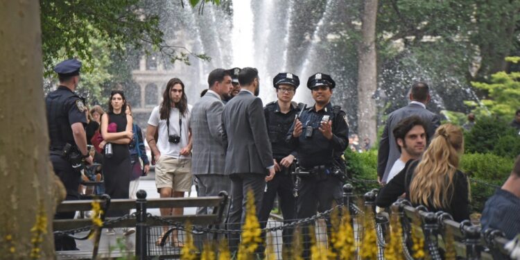 NYPD at the scene of where a 35-year-old man was stabbed in broad daylight at Washington Square Park on June 21, 2023.