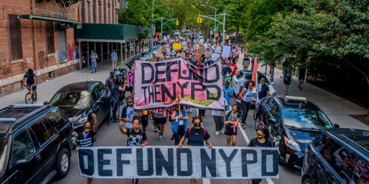 Protestors calling for the NYPD to be defunded in Brooklyn on June 7, 2020.