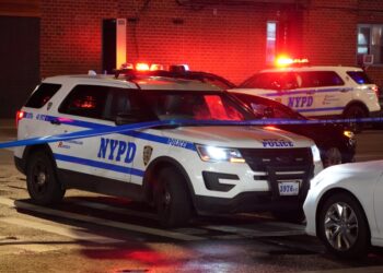 A general view of an NYPD Police car with police line do not cross tape as seen in the Bronx, NY on July 31, 2020.