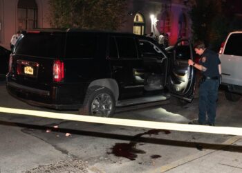 The scene on Greene Avenue near Marcus Garvey Boulevard where a man shot a woman and another man, before turning the gun on himself during a love triangle clash.