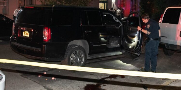 The scene on Greene Avenue near Marcus Garvey Boulevard where a man shot a woman and another man, before turning the gun on himself during a love triangle clash.