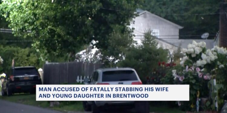 Police at a scene of a fatal double stabbing in Brentwood, New York, Sunday.