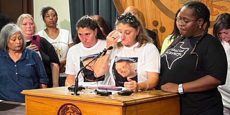 Kristie Williams cries as she speaks of her brother, 35-year-old Tommy McCullough, who died in an uncooled Texas prison in June 2023 during a relentless heat wave during a press conference at the Texas Capitol on Tuesday, July 18, 2023, in Austin.