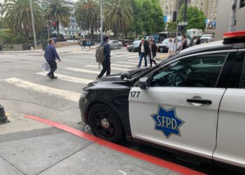 San Francisco Police Department car parked at an intersection.
