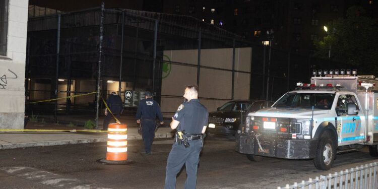 Police are seen at the scene of a woman shot in the shoulder in front of 78 Catherine St. in Manhattan.
