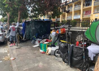 A homeless area on the street in the Tenderloin District of San Francisco, California on Thursday, August 17, 2023.