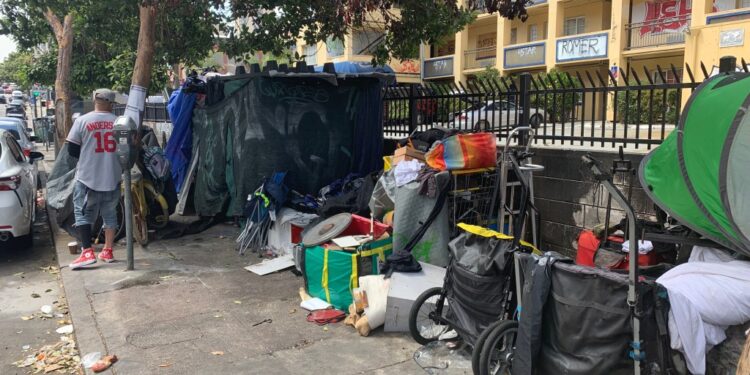 A homeless area on the street in the Tenderloin District of San Francisco, California on Thursday, August 17, 2023.