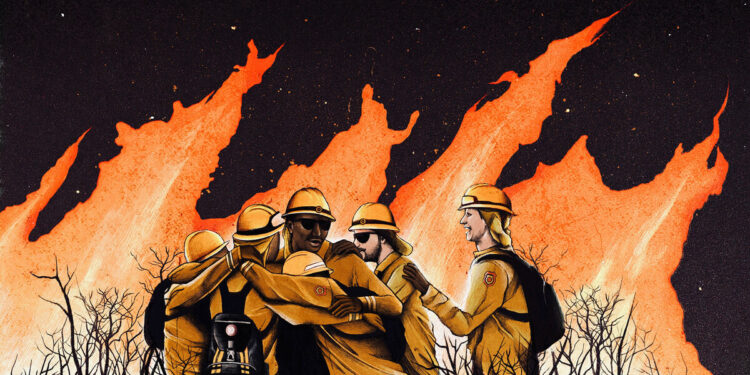 An illustration shows firefighters in a group hug, a Black man in the center welcoming a White man walking up, surrounded by bare tree branches and with a big fire in the background.