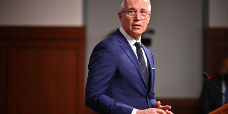 Los Angeles County District Attorney George Gascon speaks at a press conference, December 8, 2021 in Los Angeles, California.