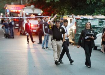 Police at the scene where a perp fired a gun at NYPD officers on Union Avenue near E167th Street in the Bronx, NY around 5:20 p.m. on August 16, 2023.