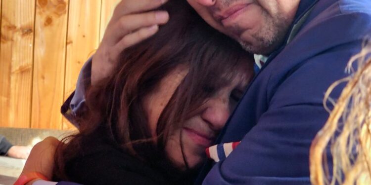 Jimmy Thyden, right, hugs Maria Angelica Gonzalez, his Chilean birth mother, as they meet for the first time in Valdivia, Chile on Aug. 17, 2023.