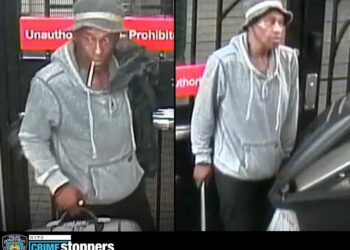 Surveillance photos show the suspect in the metal pipe beating of a train operator.