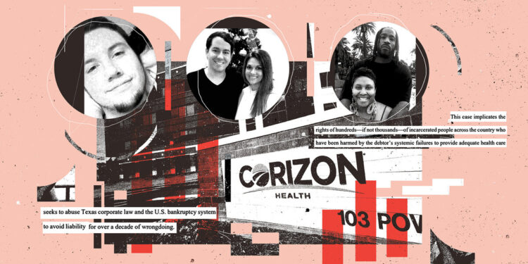 A collage illustration shows the Corizon headquarters sign underneath three circular photographs of people. One circle features a young man, smiling. Another circle shows a woman posing next to a young man. In the third, a couple smiles against a backdrop of palm trees. Floating around these three images are cut-out pieces of text from a court filing that contains words like “bankruptcy,” “harm,” “wrongdoing” and “incarcerated people.” Red illustrated bars lay over a corner of the Corizon headquarters.