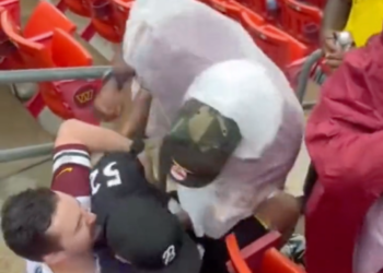 Two men fight in the FedEx Field stands during the Cardinals-Commanders game.