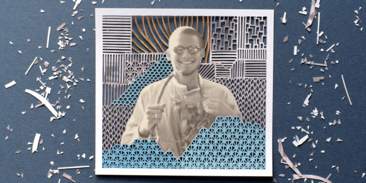 A yearbook photo of Leon Jacob, a White teen boy, is situated in the center of a paper cut illustration, with small designs cut out of the background.  Tiny pieces of paper are scattered around the photo.