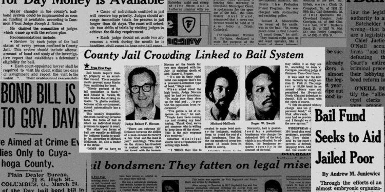 A black and white collage of seven news clippings about calls for bail reform in Ohio.