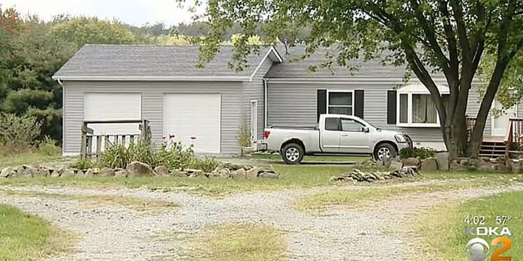 A suburban house with gray siding, black shutters, and two garage doors with a silver pickup truck parked out front and a large tree at the top of a gravel driveway.