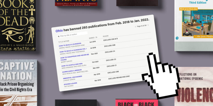 Eight cropped book covers with shadows behind them appear in a grid against a cream-colored background: “The Egyptian Book of the Dead,” “The Hellbound Heart,” “Captive Nation,” “Black on Black Violence,” “Violence: Reflections on a National Epidemic” and “Effective Java.” The center of the grid shows a pointer cursor hovering above an image of a tool displaying which books are banned in Ohio prisons.