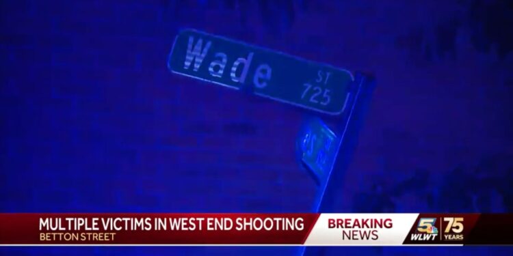 Screenshot of TV news report about Cincinnati shooting showing street signs of where it occurred near, Wade Street sign visible.