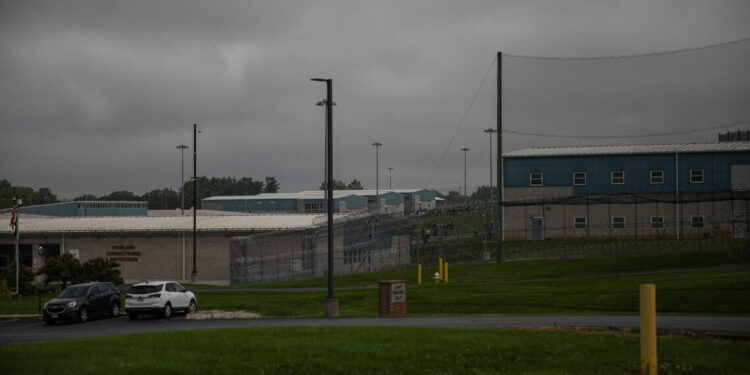 A view of the exterior of the Richland Correctional Institution on a cloudy day.