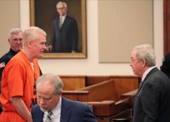 Convicted murderer Alex Murdaugh speaks with his defense attorney, Dick Harpootlian, in Beaufort, S.C. on Friday, Nov. 17, 2023.